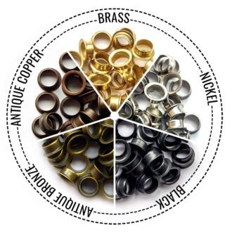 Image showing our five metal eyelet finishes, including our three new metal eyelet finishes: brass, nickel, black, antique bronze, and antique copper.